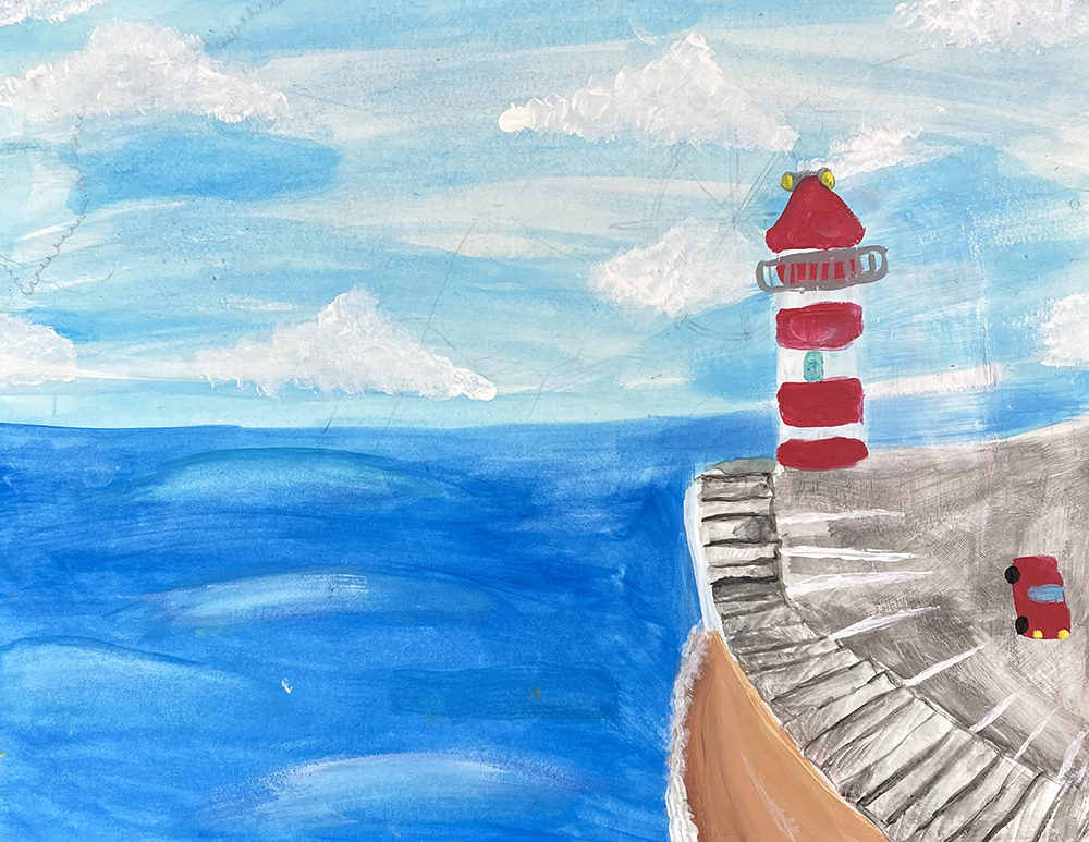 Mavis Cajero age 10 Lighthouse at Sea Acrylic and Watercolor